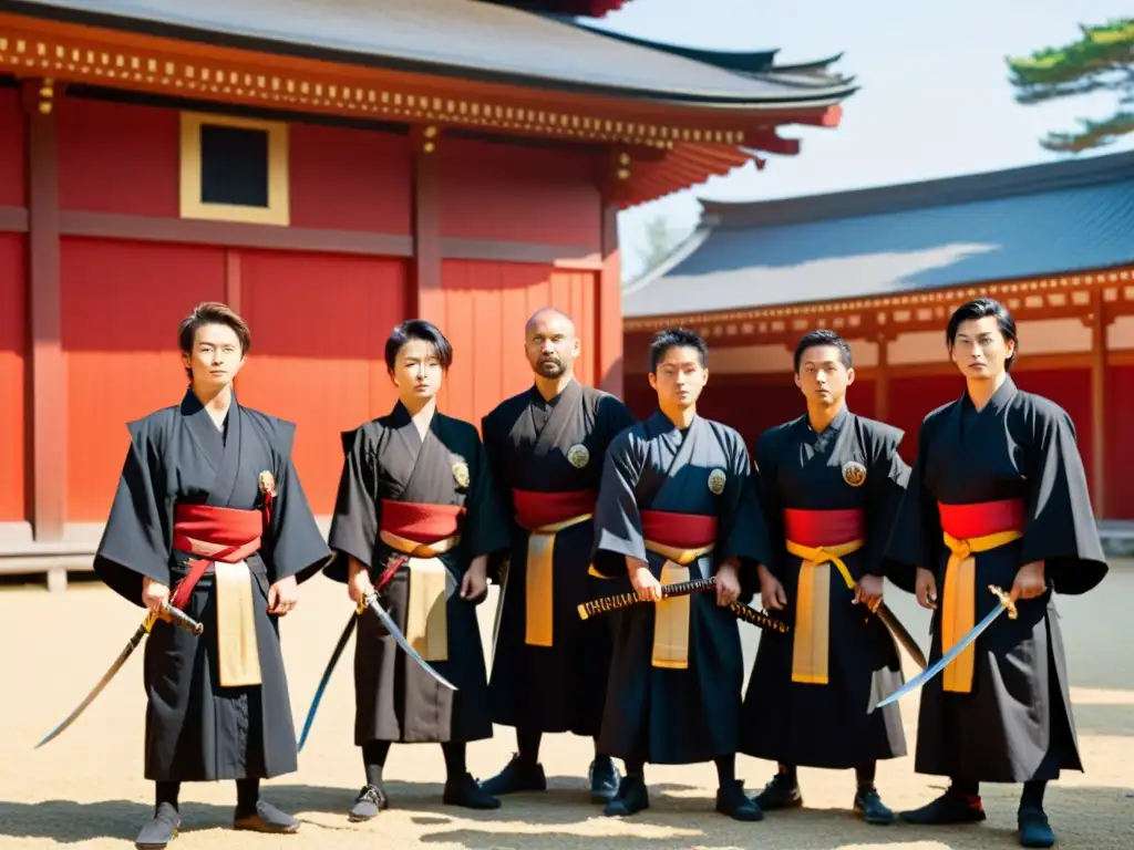 Un grupo de misioneros jesuitas desafiando la cultura japonesa en un templo, rodeados de samuráis