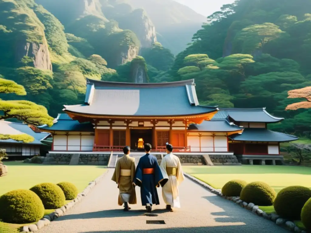 Grupo de misioneros jesuitas en Japón, listos para su desafío, frente a templo majestuoso en el valle neblinoso