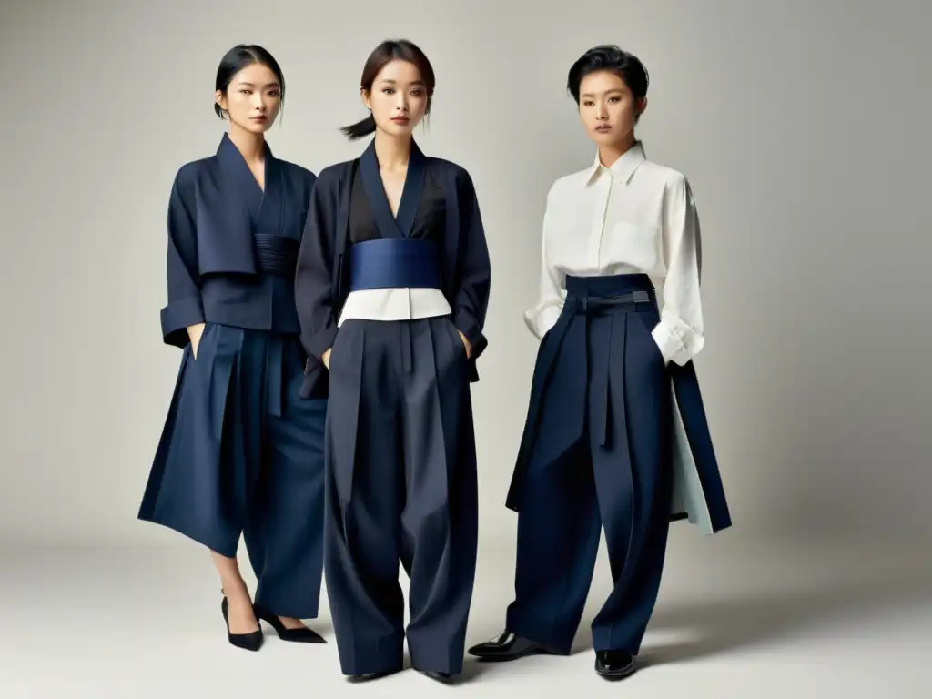 Un grupo de modelos de moda contemporánea llevando hakama rediseñados, exhibiendo elegancia y confianza en un estudio minimalista