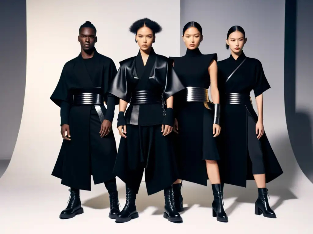 Un grupo de modelos de moda moderna posan con adaptaciones contemporáneas del samurai, vistiendo atuendos negros inspirados en la armadura samurai