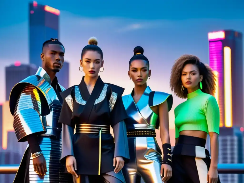 Grupo de modelos de moda urbana con influencia samurái posando en una ciudad futurista