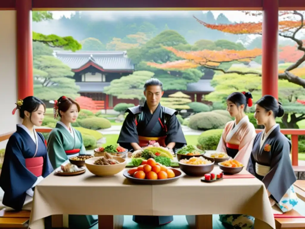 Un grupo de modernos samuráis disfruta de una comida colorida y fresca en un hermoso jardín japonés