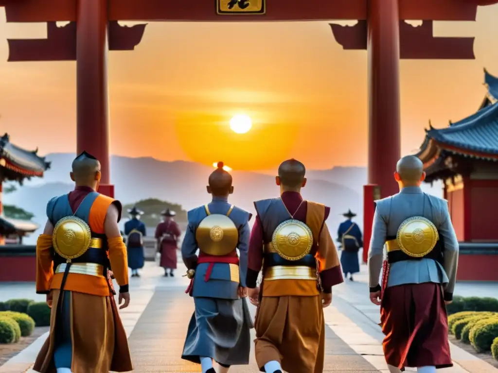 Monjes guerreros Sohei ante un templo al atardecer Grupo de monjes guerreros Sohei en armadura tradicional frente a un majestuoso templo al atardecer, evocando espiritualidad samurái y el Sohei