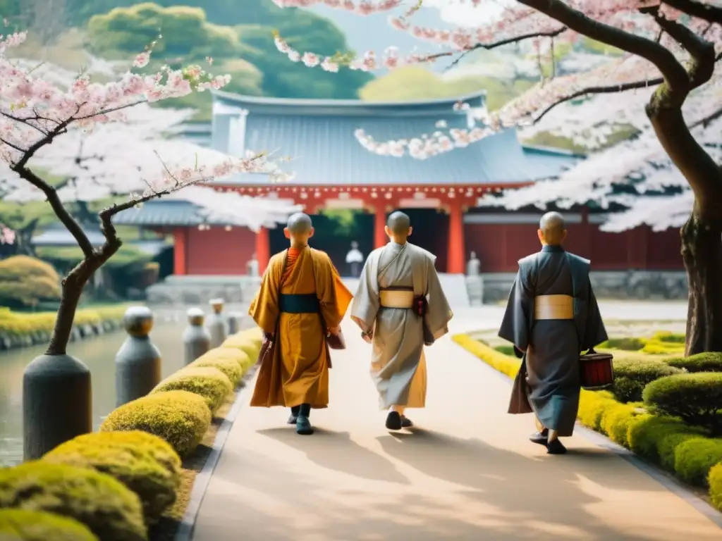 Un grupo de monjes japoneses en un hermoso jardín de cerezos, difusores de la cultura japonesa, caminan hacia un majestuoso templo en meditación