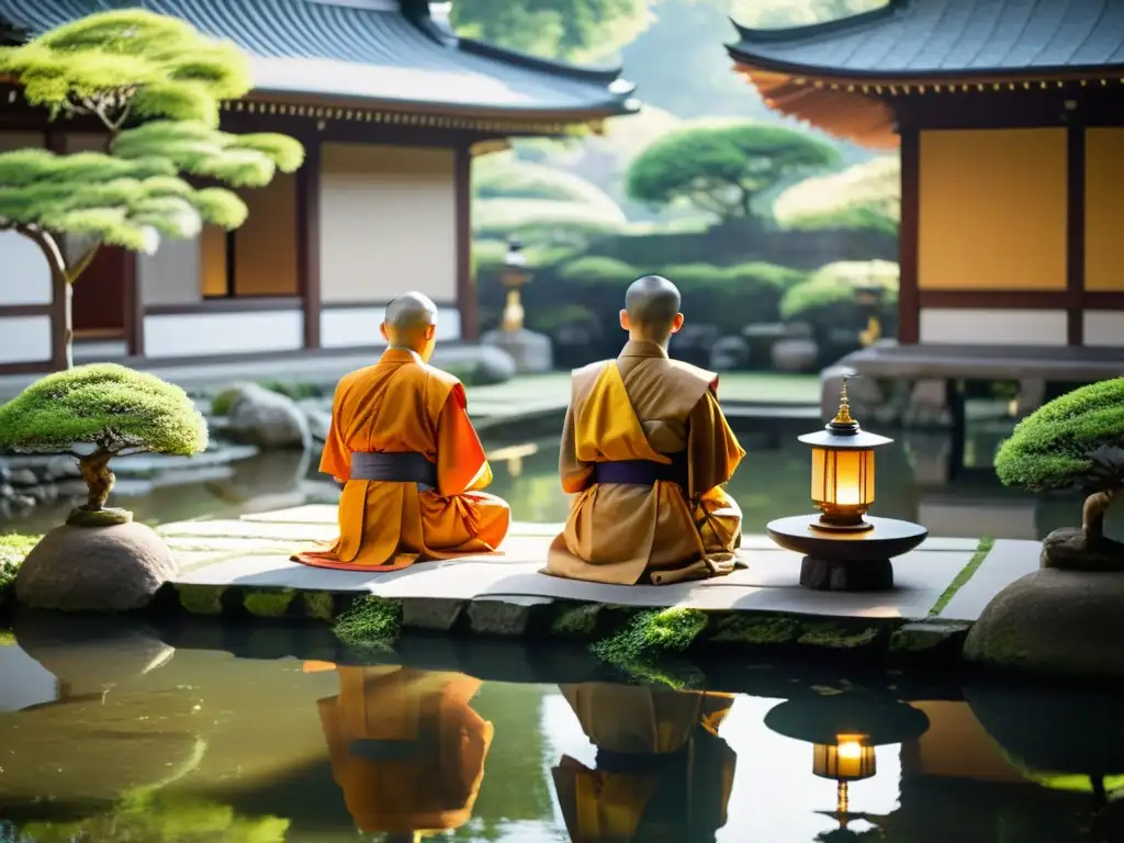 Un grupo de monjes japoneses en túnicas tradicionales realiza un ritual en un hermoso jardín de templo