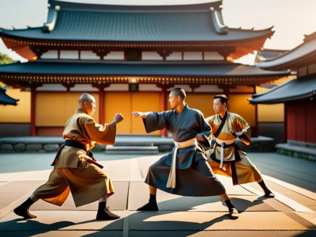 Monjes Sohei practicando artes marciales al atardecer en un templo japonés Un grupo de monjes Sohei practican artes marciales en un templo japonés al atardecer, mostrando la espiritualidad samurái y la disciplina del Sohei