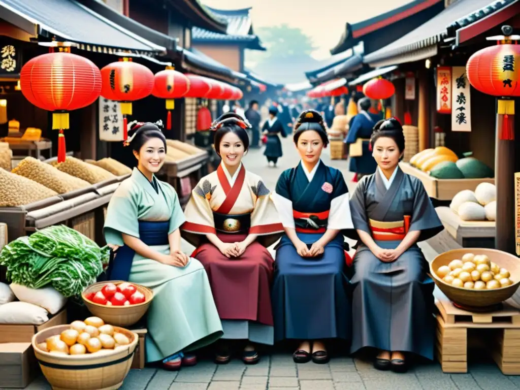 Grupo de mujeres samuráis desempeñando actividades económicas en un bullicioso mercado, mostrando su influencia económica en la estructura samurái