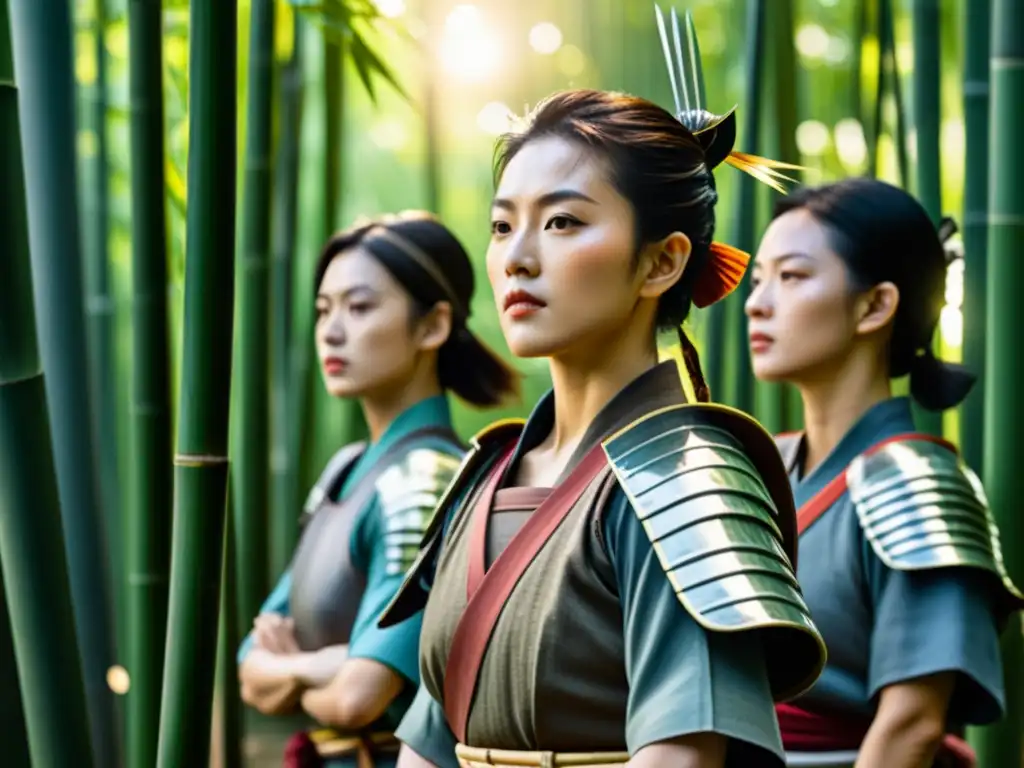 Grupo de mujeres samurái en armadura tradicional, en un bosque de bambú con rayos de sol filtrándose