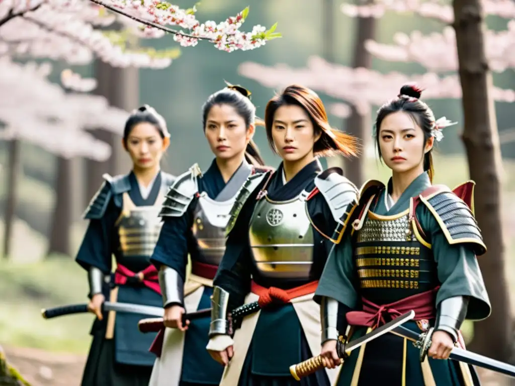 Un grupo de mujeres samurái en armadura tradicional, con katanas en mano, posan con determinación en un bosque de cerezos en flor