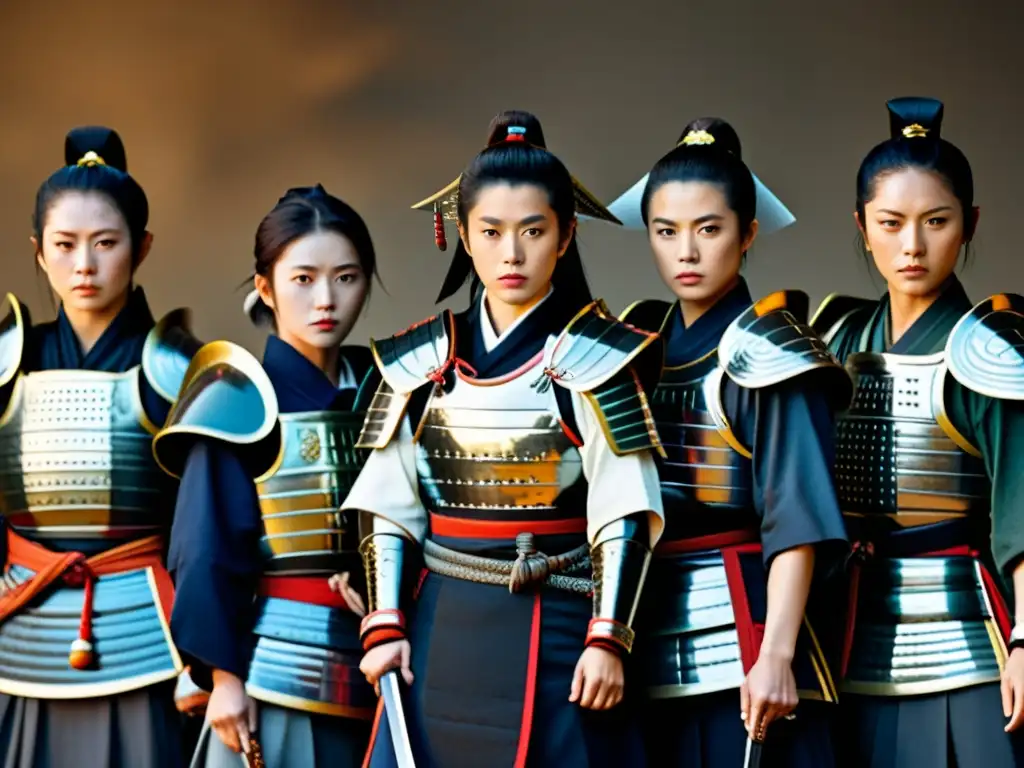Un grupo de mujeres samurái en armadura tradicional, con expresiones poderosas, sosteniendo armas con determinación