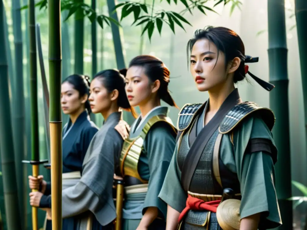 Un grupo de mujeres samurái en armadura tradicional, en un bosque de bambú con rayos de sol entre las hojas