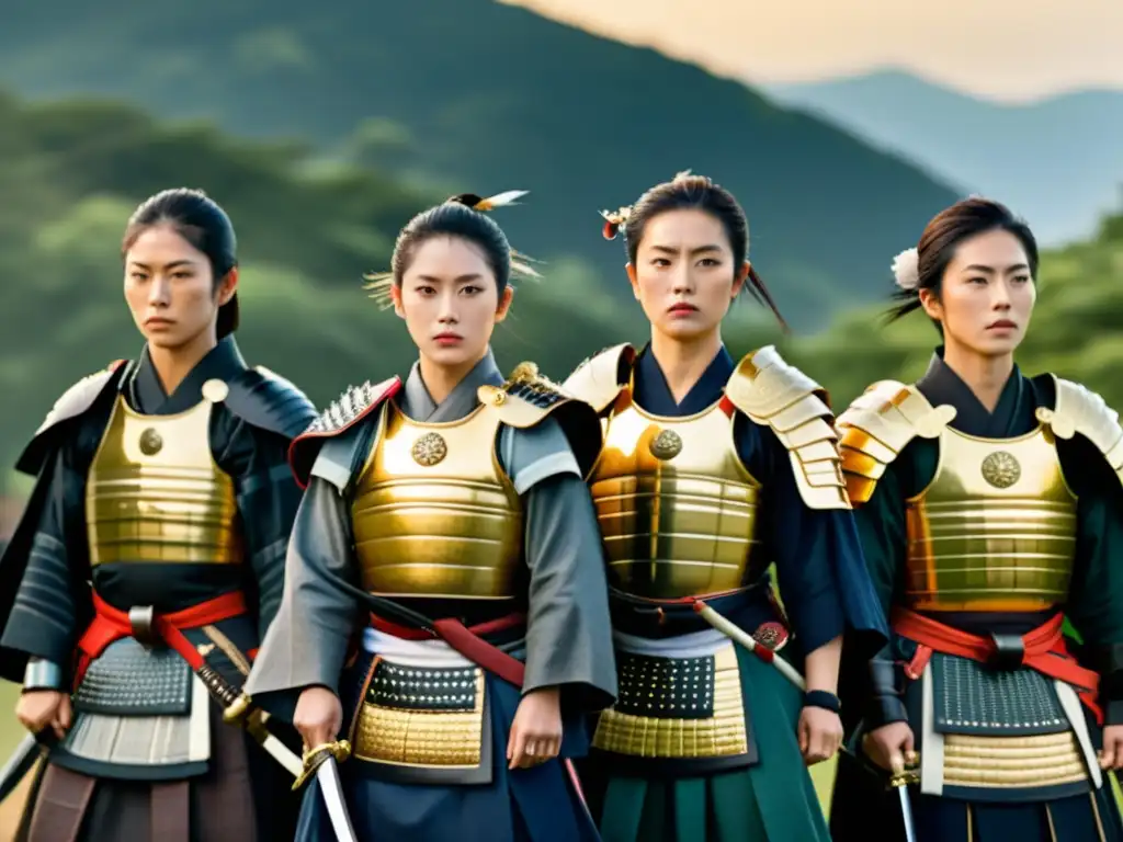 Grupo de mujeres samurái con armaduras tradicionales, reflejando fuerza y determinación en un paisaje japonés