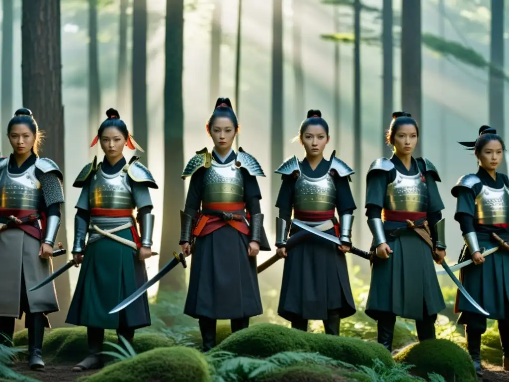 Un grupo de mujeres samurái, con armaduras tradicionales, empuñan katanas en un claro del bosque cubierto de niebla