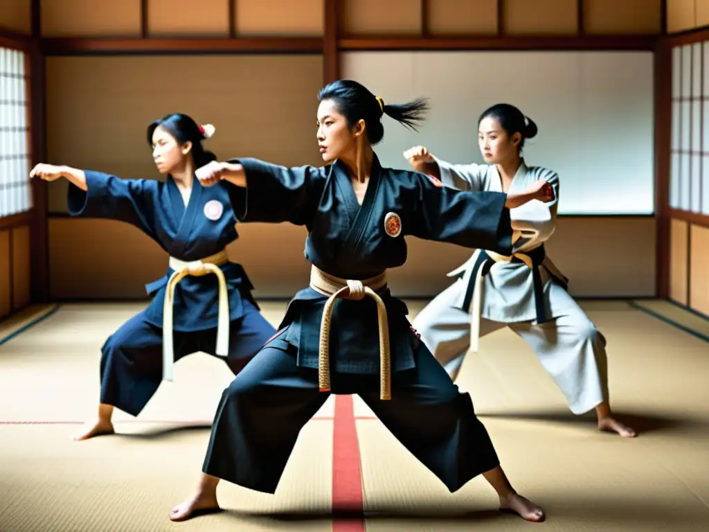 Un grupo de mujeres practica artes marciales con determinación en atuendo samurái, desafiando mitos sobre la vida de mujeres en la sociedad samurái