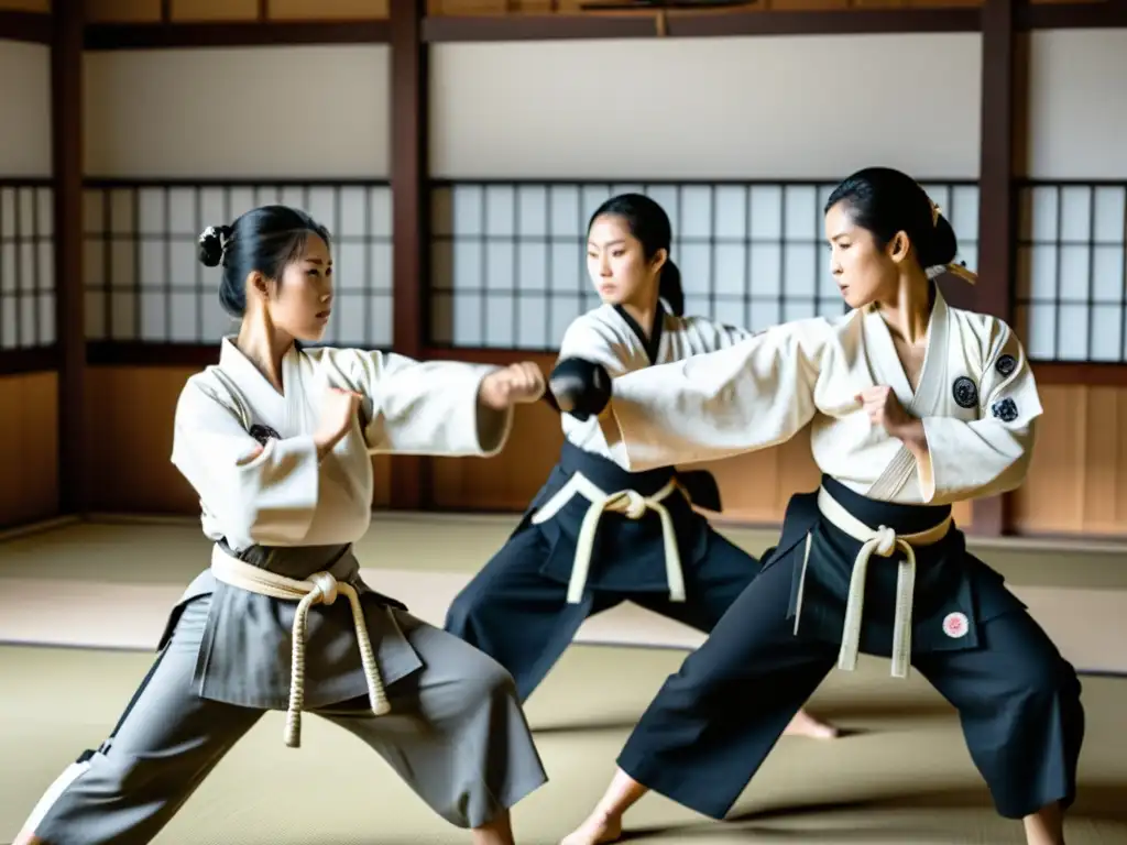 Un grupo de mujeres practicando artes marciales en atuendo samurái, mostrando determinación y fuerza en un dojo japonés tradicional