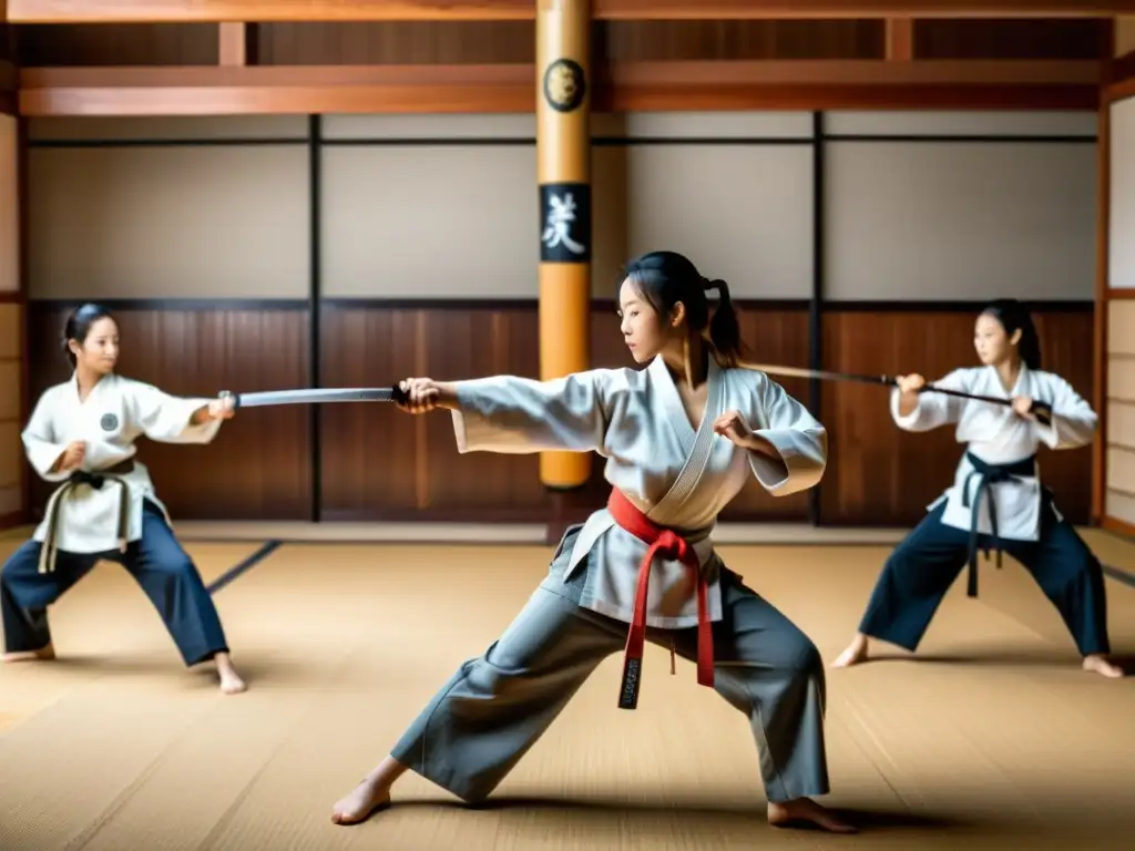 Grupo de mujeres practicando artes marciales en un dojo tradicional, mostrando fuerza y determinación