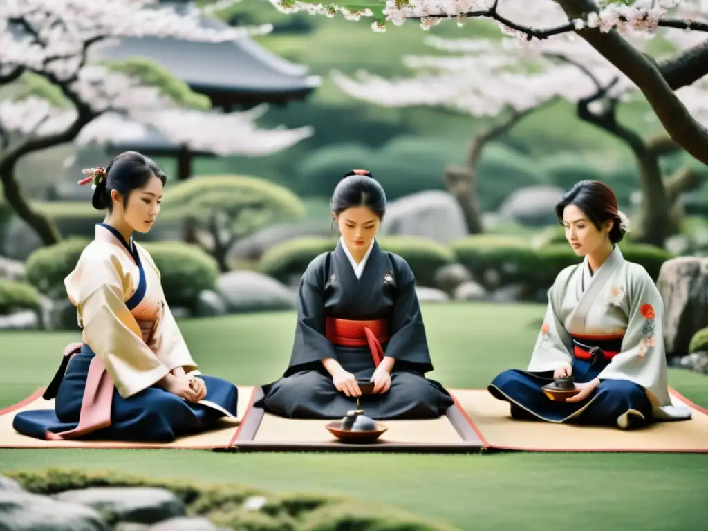 Un grupo de mujeres en atuendo samurái realizando actividades culturales en un jardín japonés con sakuras