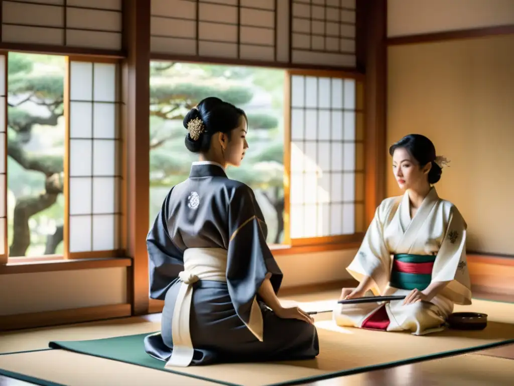 Grupo de mujeres practicando caligrafía en dojo tradicional, transmitiendo la cultura samurái con gracia y concentración en kimonos de seda