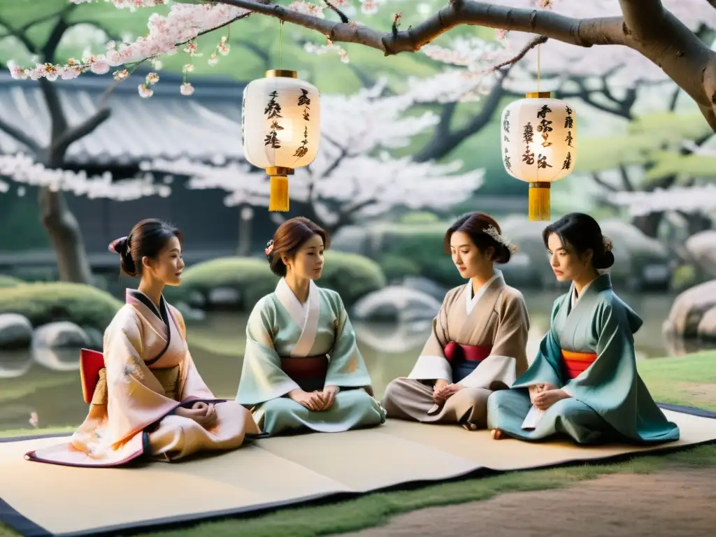 Un grupo de mujeres samurái escribiendo poesía bajo los cerezos en flor