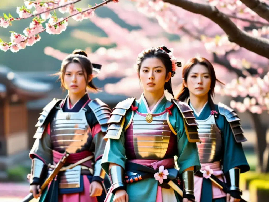Un grupo de mujeres samurái con determinación bajo los cerezos en flor
