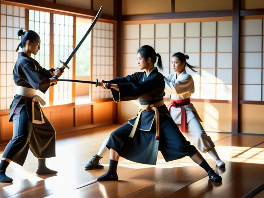 Un grupo de mujeres samuráis practican con valentía y destreza en un dojo tradicional, mostrando su fuerza y gracia bajo la atenta mirada del sensei