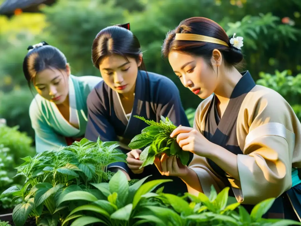 Un grupo de mujeres samurái cuida con devoción un jardín de hierbas, mostrando su profundo conocimiento de la medicina tradicional