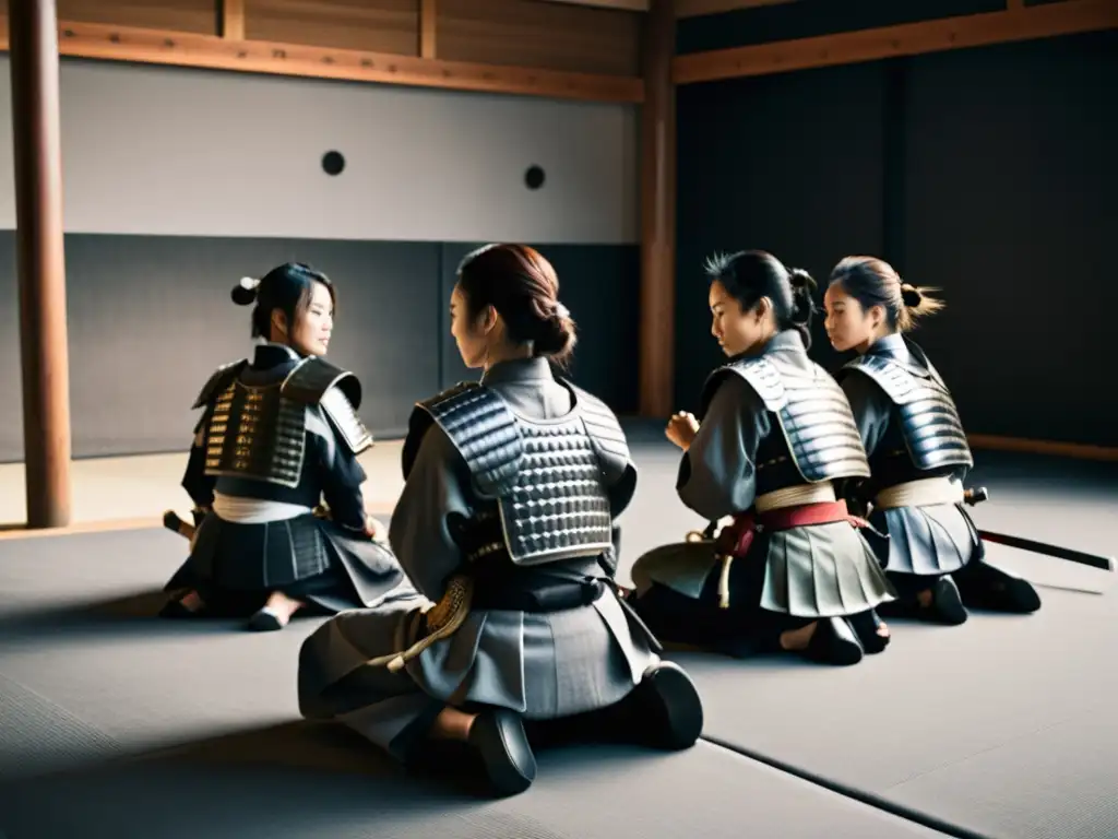 Un grupo de mujeres samuráis entrenando con determinación en un dojo, mostrando el papel de los samuráis femeninos en la historia japonesa