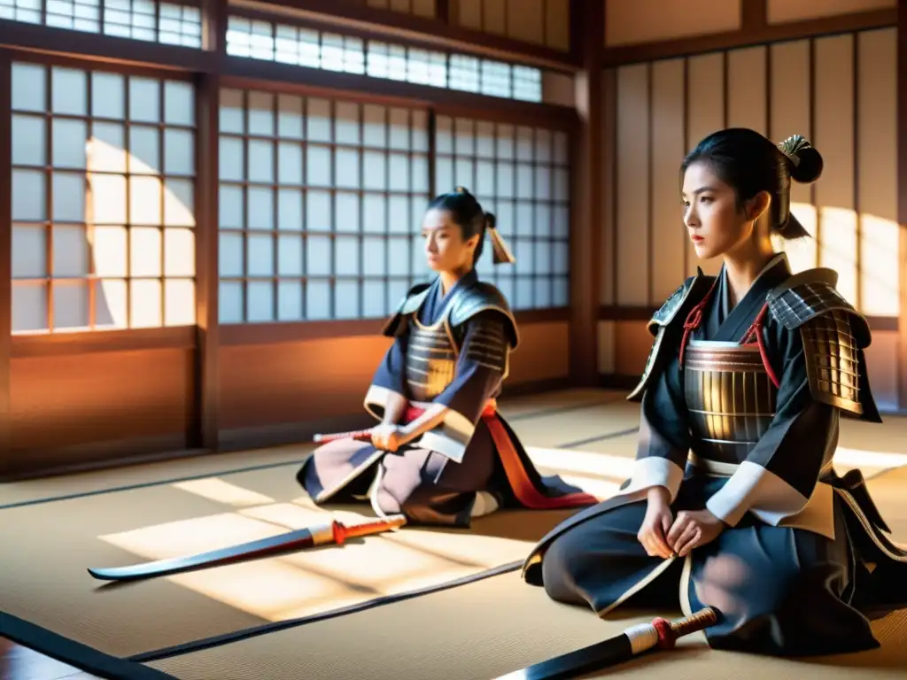 Un grupo de mujeres samurái entrenando con determinación en un dojo tradicional, capturando la esencia de su dedicación al bushido