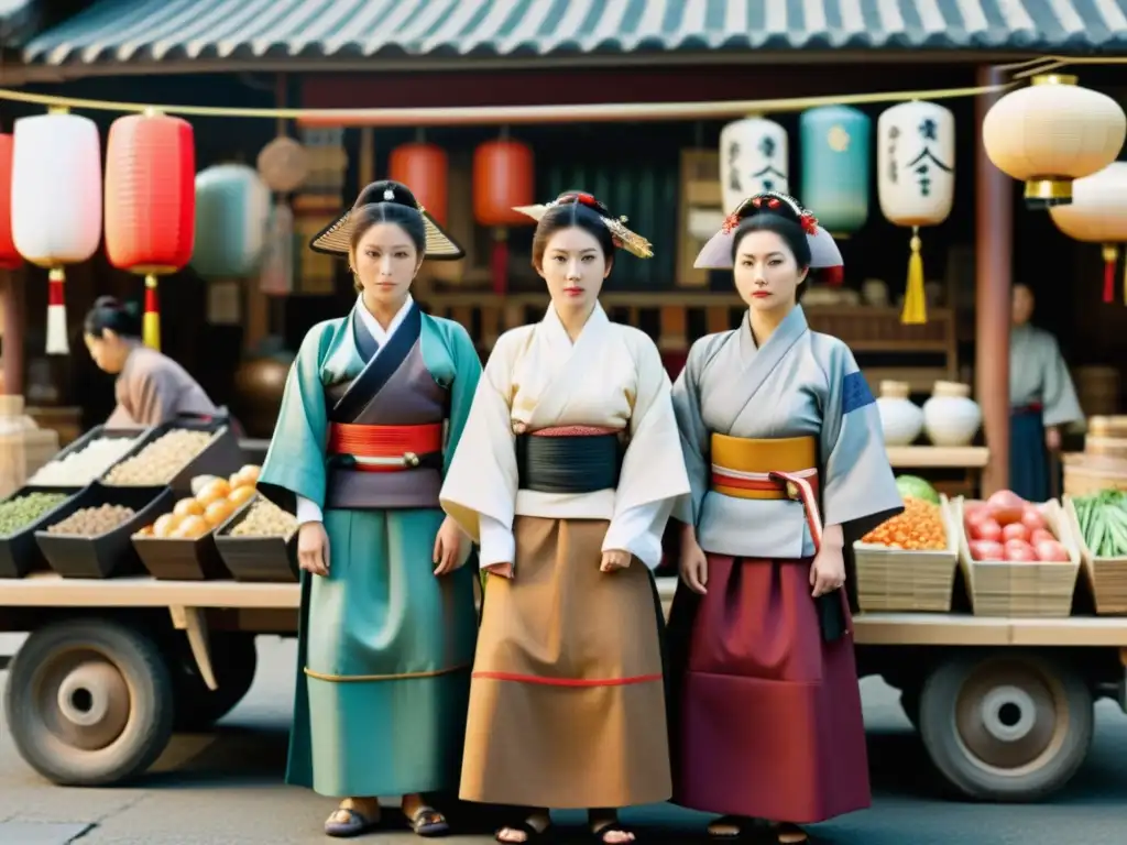 Grupo de mujeres samuráis empoderadas en un mercado feudal japonés, destacando la participación de mujeres en comercio samurái