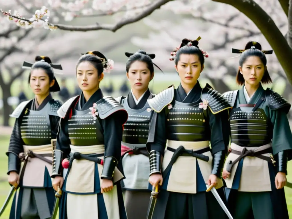 Un grupo de mujeres samurái en formación estratégica, con armaduras tradicionales y armas, rodeadas de árboles de cerezo en flor