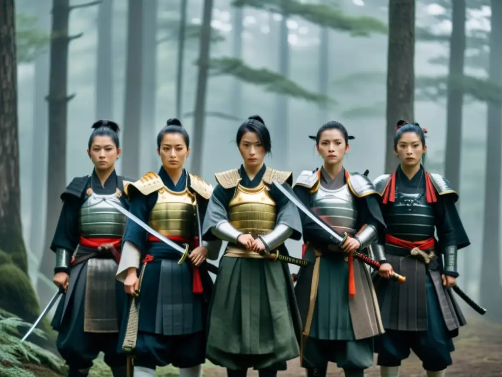 Un grupo de mujeres samurái, con expresiones fieras, en el bosque, personificando el bushido con sus katanas desenvainadas