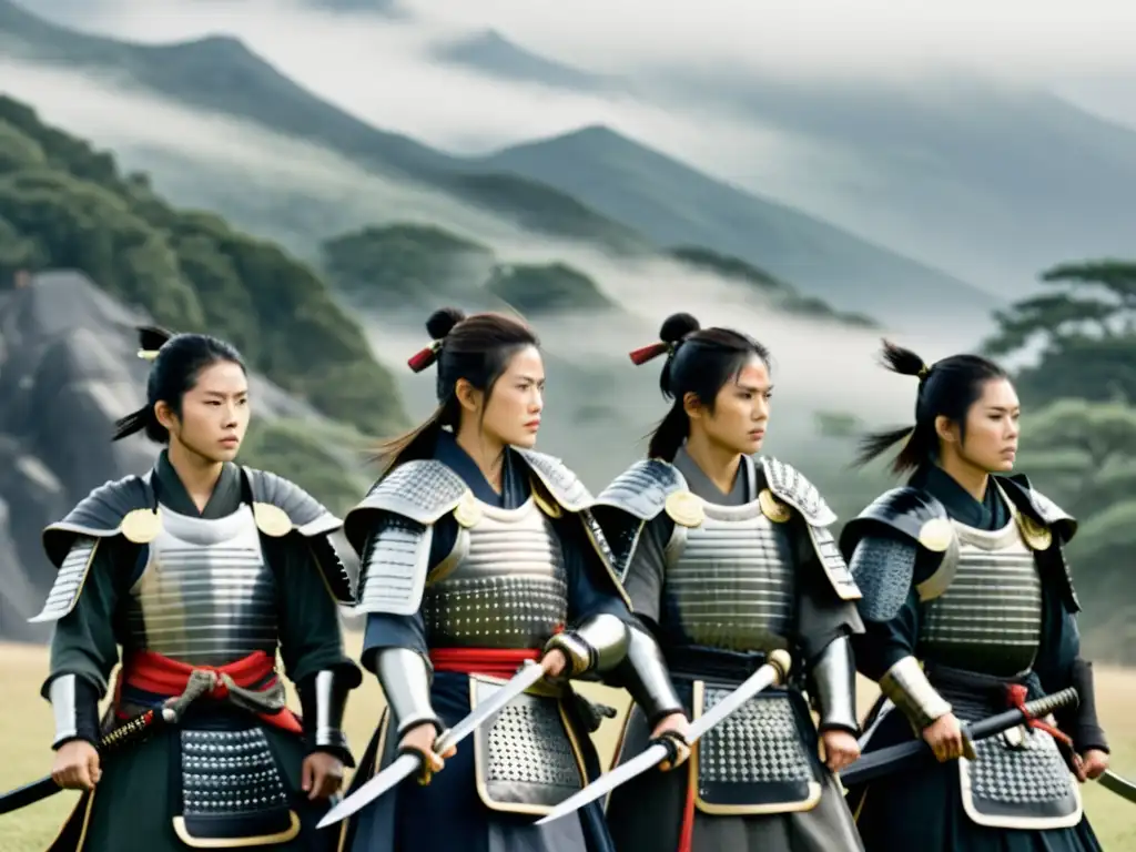Un grupo de mujeres samurái en formación defensiva, con expresiones decididas y armaduras tradicionales, en un paisaje montañoso