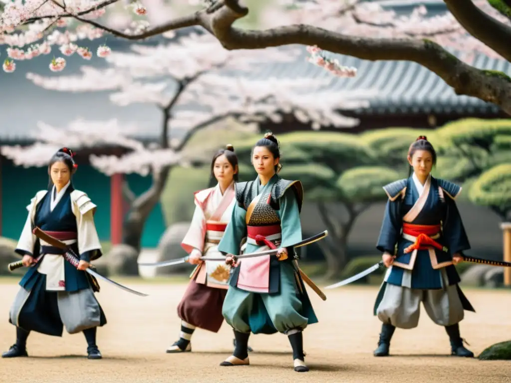 Un grupo de mujeres samurái demuestran su fuerza y determinación en un patio rodeado de árboles de cerezo en flor