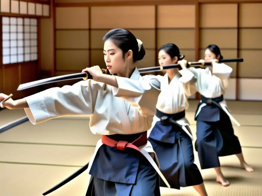 Un grupo de mujeres guerreras del naginatajutsu practican con determinación en un dojo tradicional, luciendo keikogi y hakama blancos