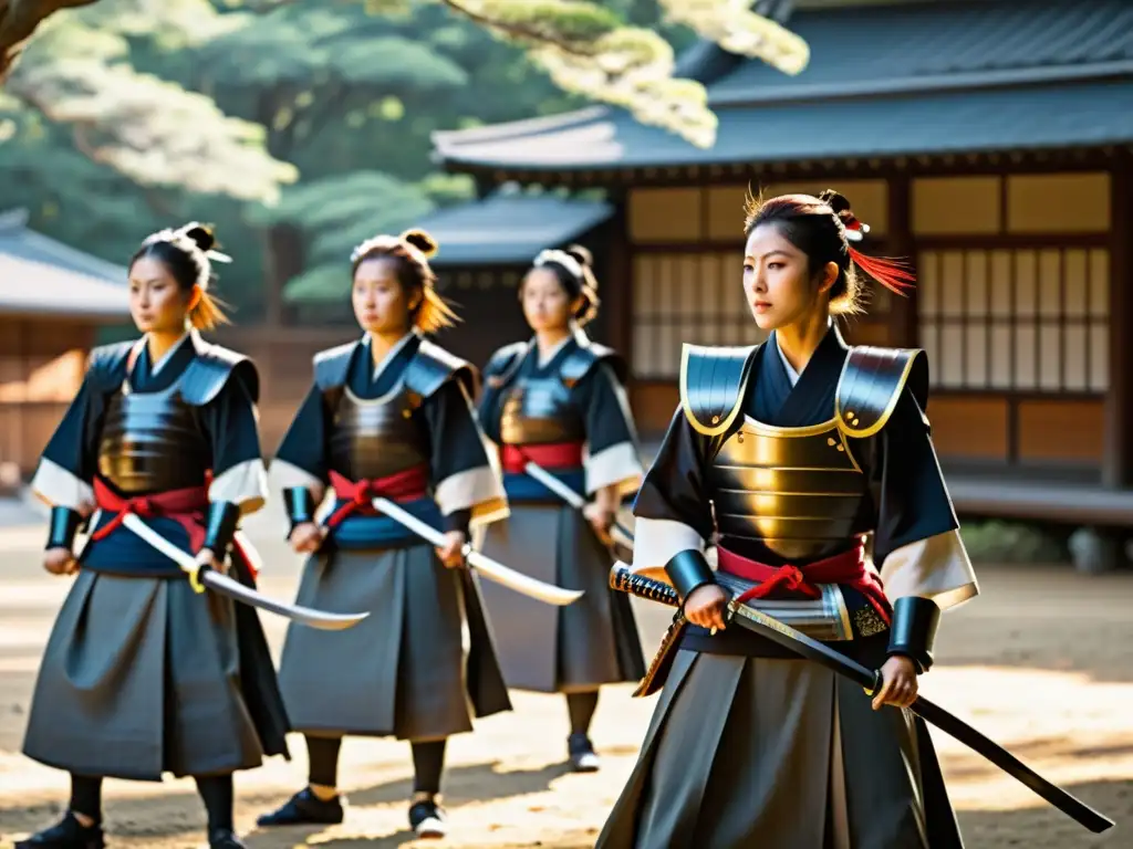 Grupo de mujeres guerreras del naginatajutsu entrenando con determinación en un dojo japonés, con armaduras samurái y naginatas relucientes