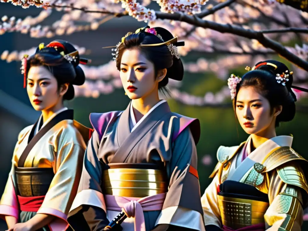 Un grupo de mujeres guerreras del naginatajutsu en armadura tradicional, rodeadas de cerezos en flor bajo la cálida luz del atardecer