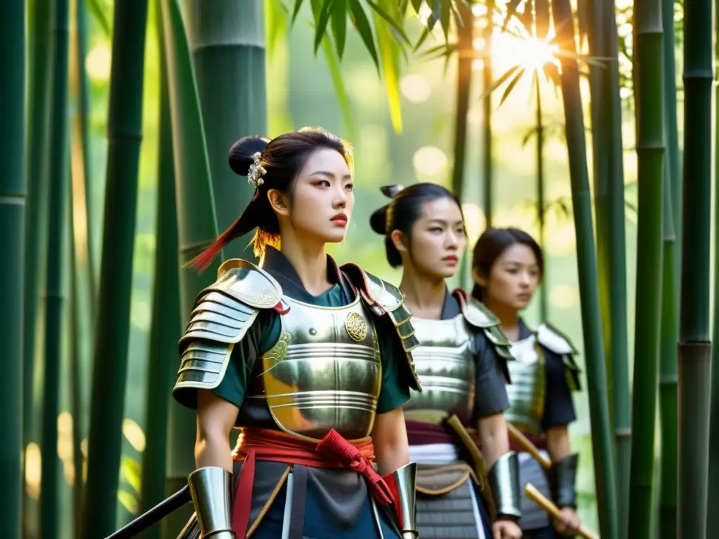 Guerreras samurái en el bosque de bambú Grupo de mujeres guerreras samurái en un bosque de bambú, reflejando la cultura samurái mujeres guerreras con fuerza y determinación
