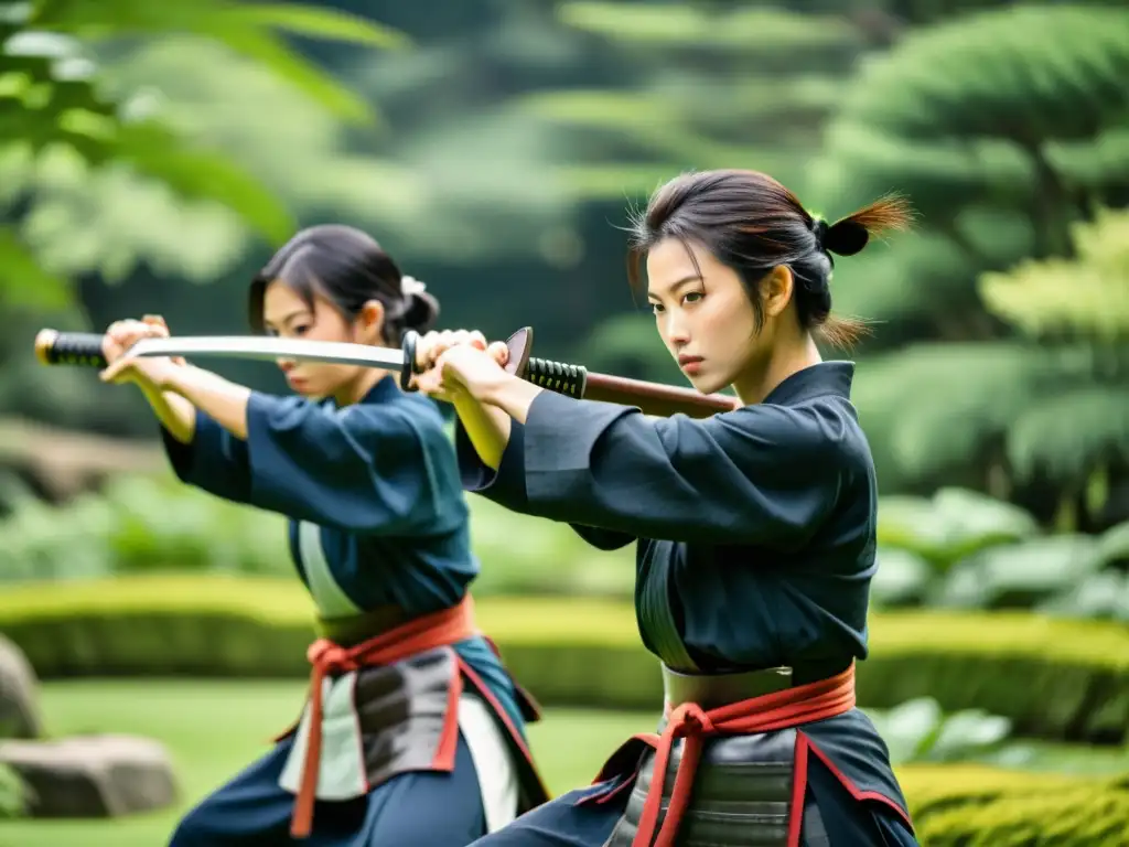 Un grupo de mujeres samurái entrena con determinación y honor en un jardín japonés, reflejando la esencia del bushido y la fortaleza femenina