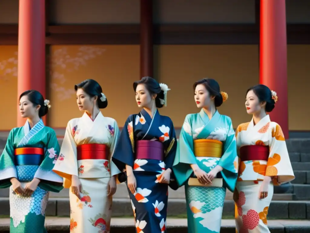 Un grupo de mujeres influyentes en la sociedad samurái, visten kimonos elegantes frente a un imponente castillo japonés