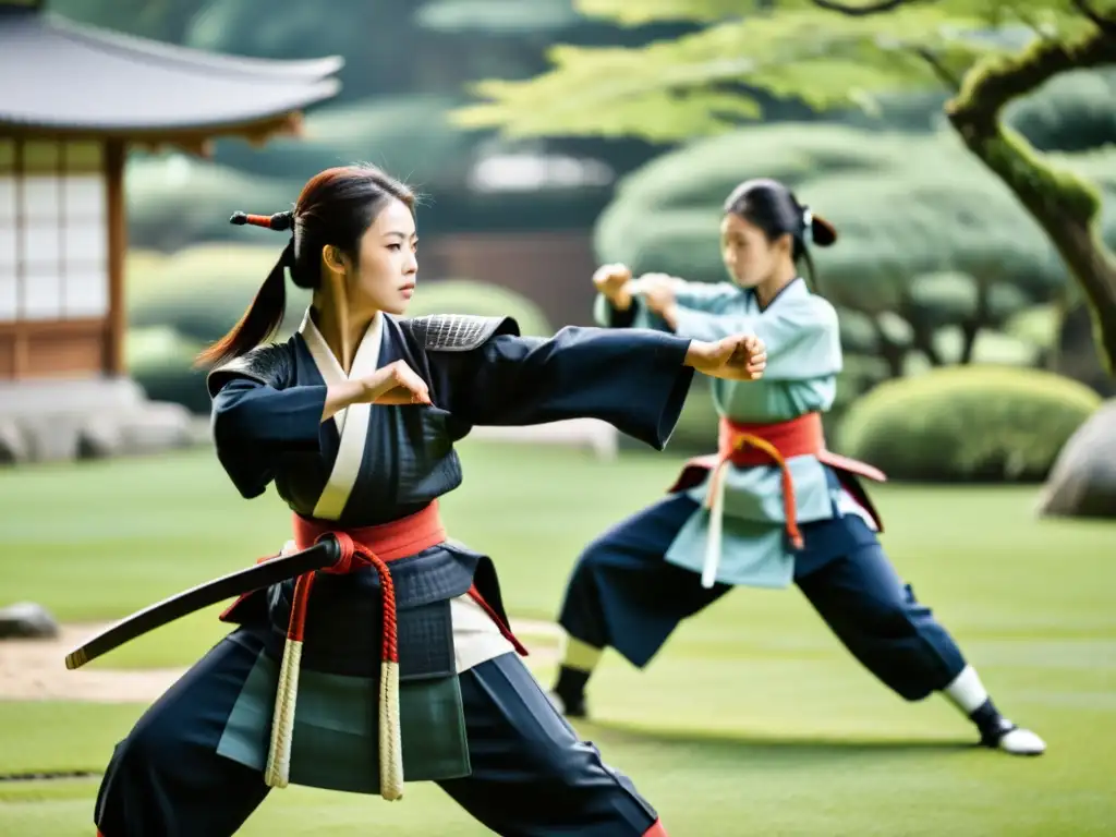 Grupo de mujeres samurái entrenando en un jardín japonés, mostrando su influencia en la estética samurái con fuerza y determinación