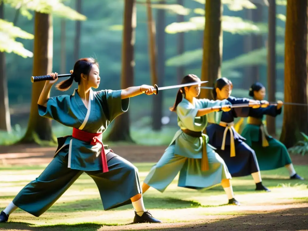 Un grupo de mujeres jóvenes en kimonos practican naginatajutsu en un bosque soleado, evocando la belleza de la cultura pop