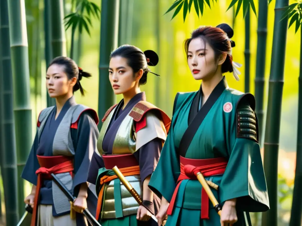 Samuráis femeninas desafiantes en el bosque de bambú Un grupo de mujeres samurái con katanas en un bosque de bambú, reflejando el poder y determinación de los movimientos de mujeres en samurái