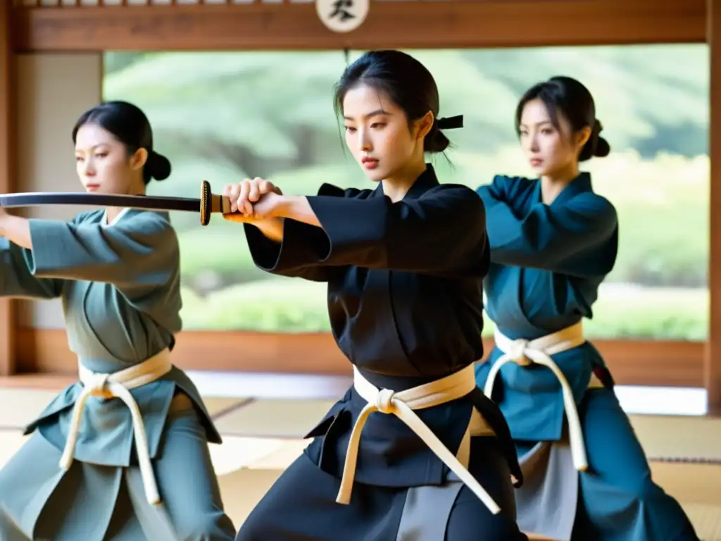 Un grupo de mujeres en keikogi ejecuta movimientos de Iaido con bokken en un dojo tradicional, transmitiendo fuerza y gracia en el arte del Iaido