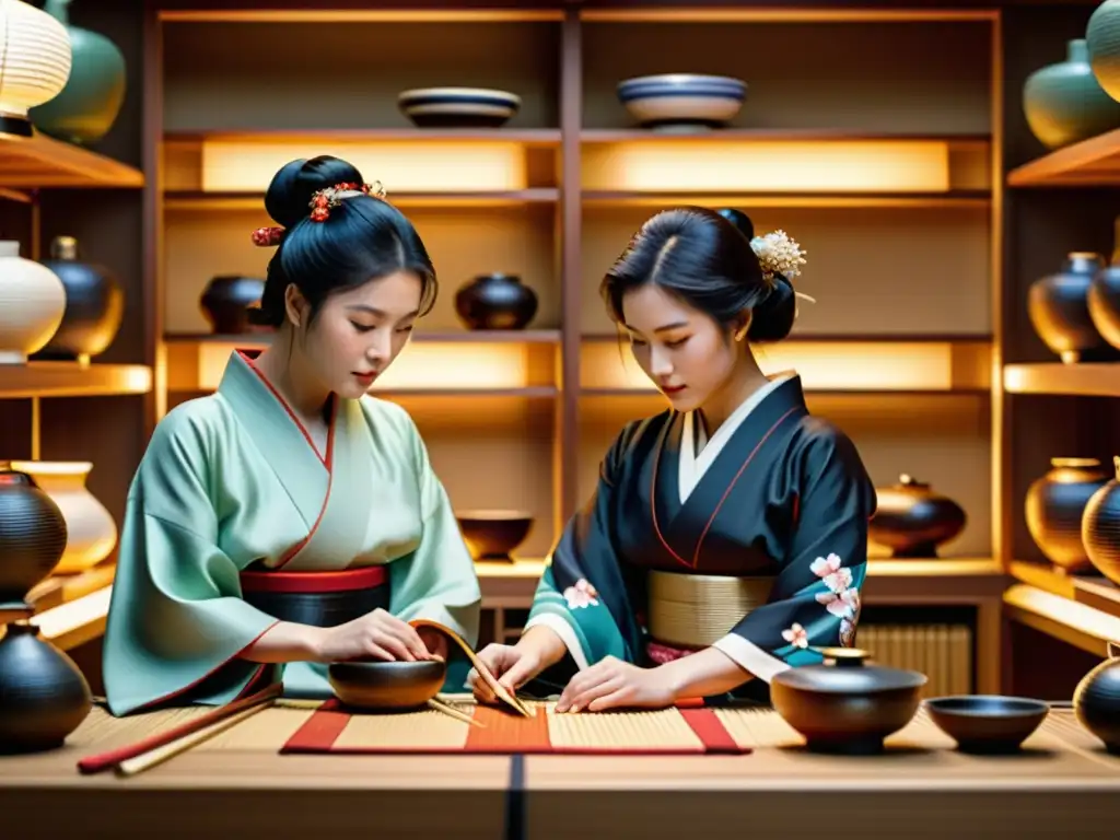 Grupo de mujeres samuráis tejiendo kimono en escena de poder económico mujeres sociedad samurái