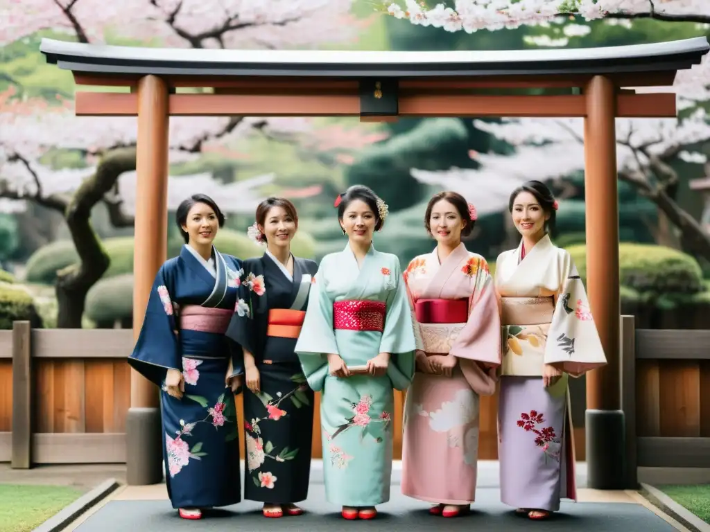 Un grupo de mujeres en kimonos tradicionales frente a un majestuoso portal de madera decorado, rodeadas de árboles de cerezo en flor