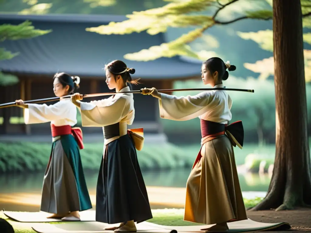 Grupo de mujeres practicando Kyudo samurái en un entorno sereno y empoderador, mostrando la participación femenina en el arte marcial