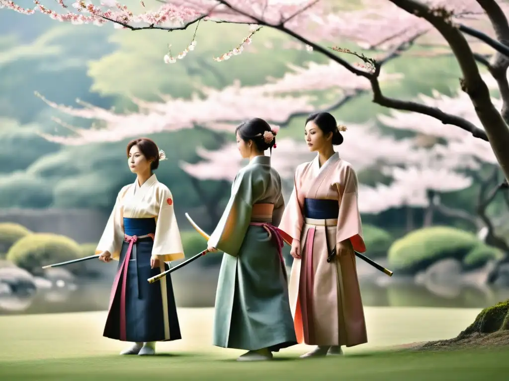 Grupo de mujeres practicando Kyudo samurái entre cerezos en flor, destacando la participación femenina en esta antigua disciplina japonesa