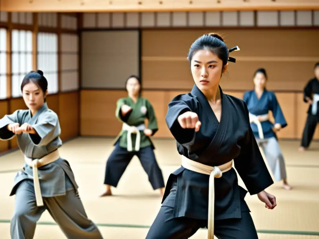 Un grupo de mujeres samurái practica artes marciales con determinación, fusionando tradición y modernidad