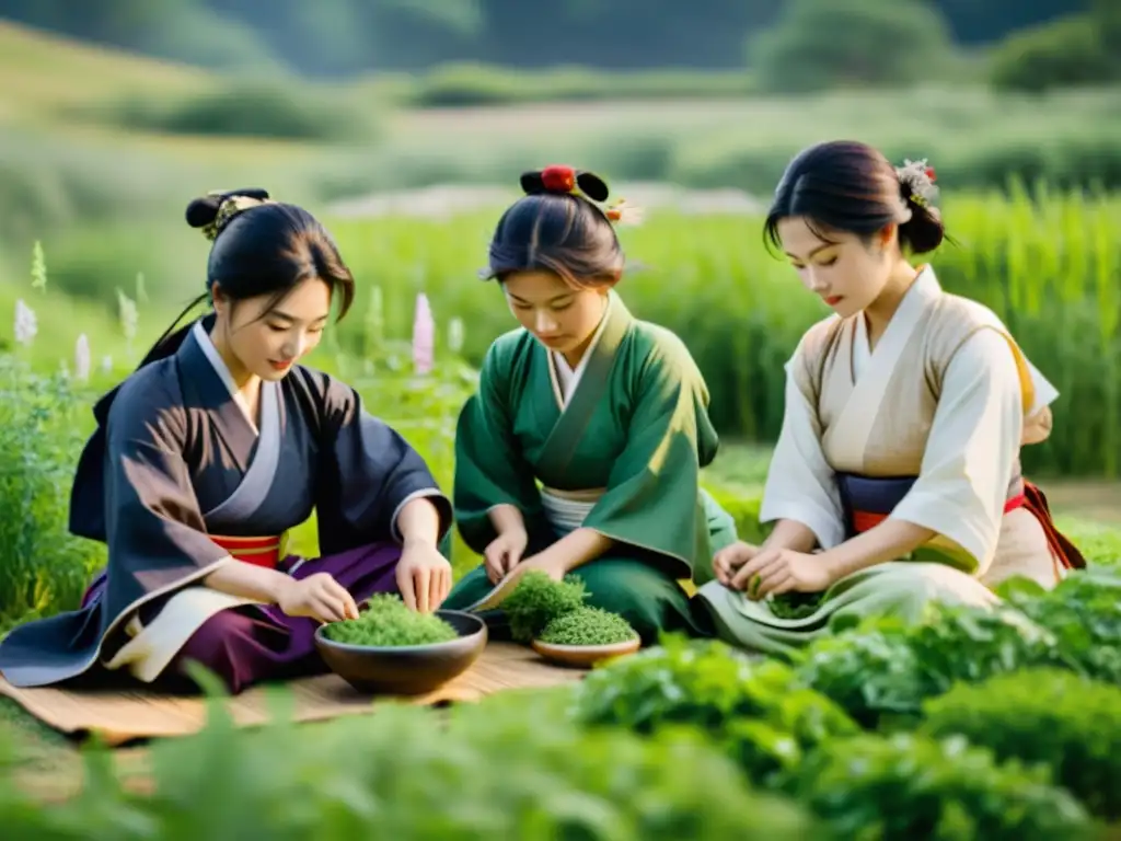 Un grupo de mujeres samurái prepara medicina tradicional en un campo soleado y sereno