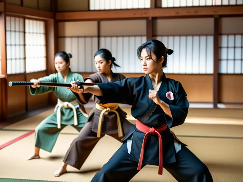 Mujeres samurái modernas entrenando en un dojo japonés Un grupo de mujeres modernas practican artes marciales en un dojo japonés, vistiendo armaduras samurái y manejando espadas katana con determinación